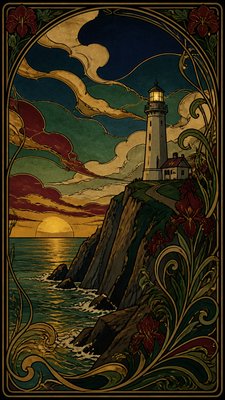 a lone lighthouse on a cliff at dusk under a dramatic sky, no text or lettering