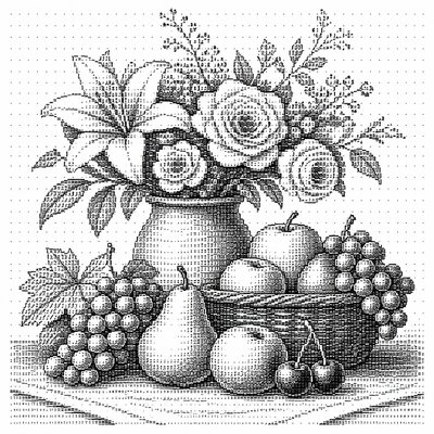 still life arrangement of fruits and flowers