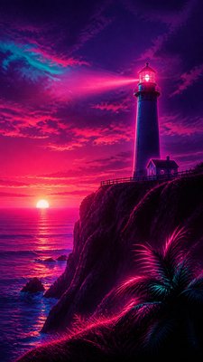 a lone lighthouse on a cliff at dusk under a dramatic sky, no text or lettering
