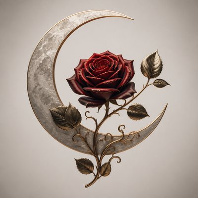a rose entwined with a crescent moon, clean balanced composition on a plain background, no text