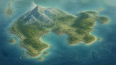 a map of an island realm with mountains, forests, a sheltered bay, sea monsters in the water and a compass rose, no text labels