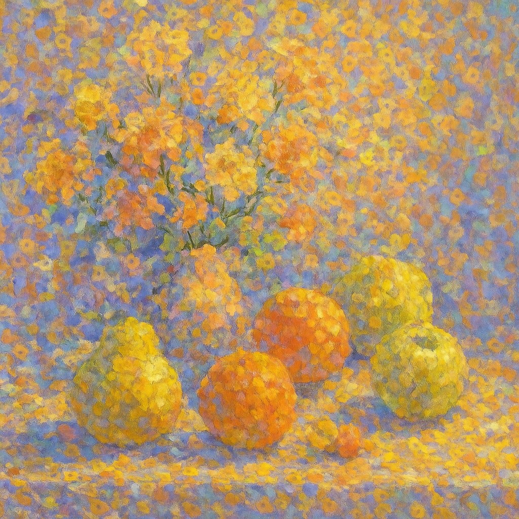 still life arrangement of fruits and flowers