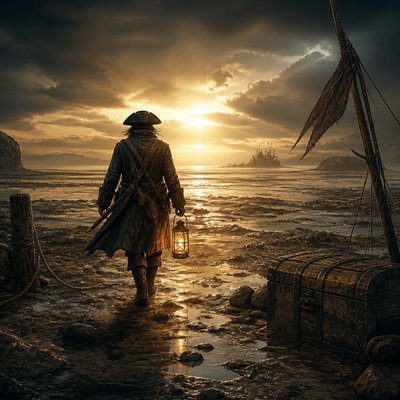 a solitary figure walking toward a glowing horizon across an empty plain, moody atmosphere, no text or lettering