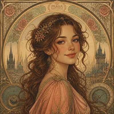 head-and-shoulders portrait of an original character: a young woman with wavy chestnut hair and a warm smile, plain soft backdrop