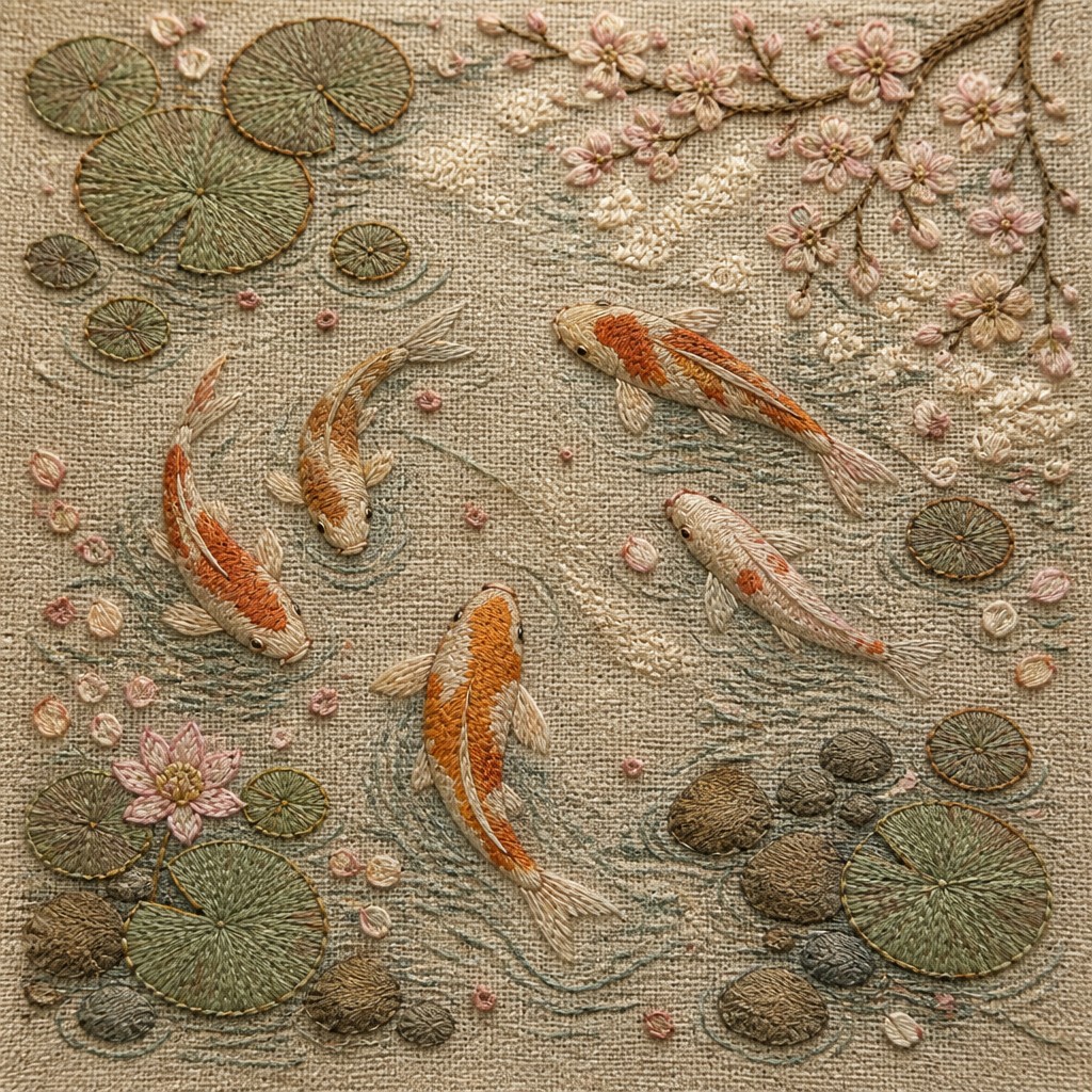 A koi pond seen from above, orange and white koi fish swimming among lily pads, clear water with subtle ripples, fallen cherry blossom petals floating on the surface, dappled sunlight