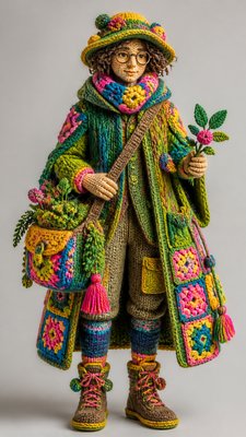 full-body original character: a wandering botanist with a satchel of plants, a patched green cloak, tall boots and round glasses, neutral background