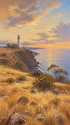 a lone lighthouse on a cliff at dusk under a dramatic sky, no text or lettering