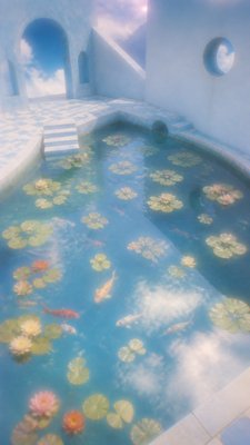 a koi pond with lily pads seen from above, no people