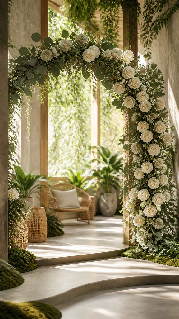 an arch of white roses and eucalyptus in soft morning light, elegant vertical composition with open space, no text