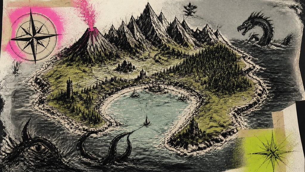a map of an island realm with mountains, forests, a sheltered bay, sea monsters in the water and a compass rose, no text labels