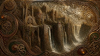 a cliffside city with waterfalls cascading into a misty canyon, wide establishing shot, no people, no text