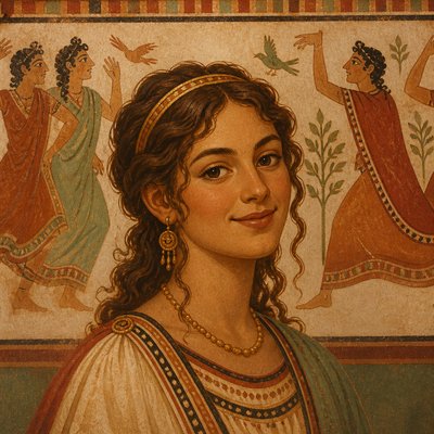 head-and-shoulders portrait of an original character: a young woman with wavy chestnut hair and a warm smile, plain soft backdrop