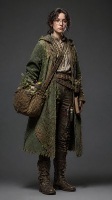full-body original character: a wandering botanist with a satchel of plants, a patched green cloak, tall boots and round glasses, neutral background