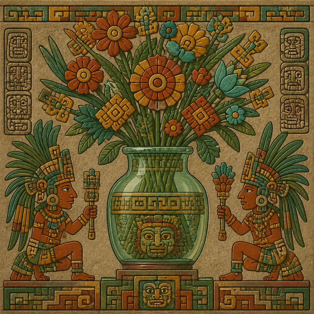 bouquet of flowers in a glass vase — Pre-Columbian Art Style