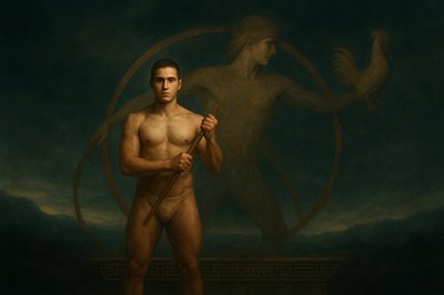 a painting of a man holding a spear