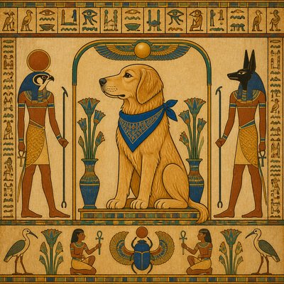 portrait of a golden retriever wearing a blue bandana, warm plain backdrop, no text