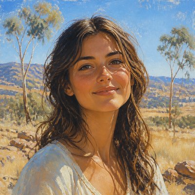 head-and-shoulders portrait of an original character: a young woman with wavy chestnut hair and a warm smile, plain soft backdrop