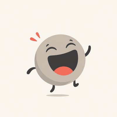 an exaggerated laughing face of an original round mascot character, bold and readable at small size, plain background, no text