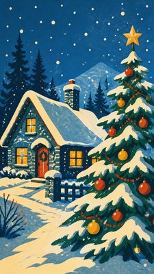 a snow-covered cottage with warm glowing windows beside a decorated pine tree, gentle snowfall, no text