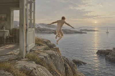 danish ignudi athlete jumping from a rocky ledge into the water
