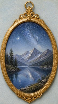 a tranquil mountain lake beneath a starry night sky, no people, no text