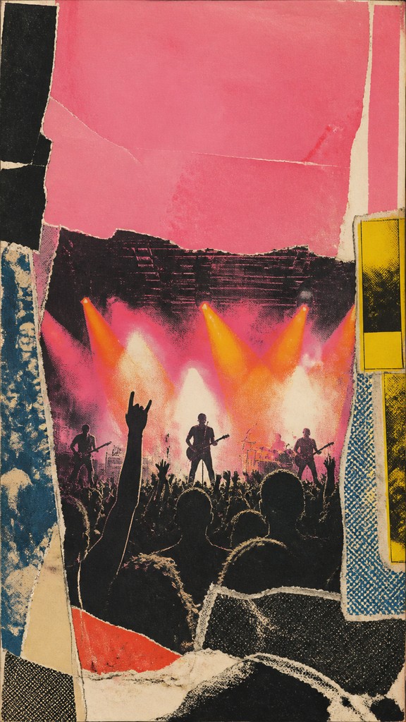 a live music scene with a glowing stage and silhouetted crowd, energetic vertical composition with open space at the top, no text