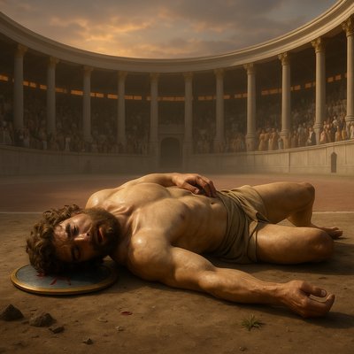 a man laying on the ground in front of a crowd