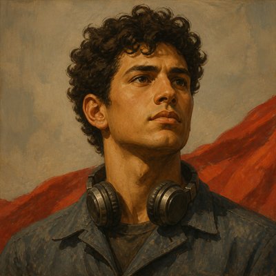head-and-shoulders portrait of an original character: a young man with curly dark hair and headphones around his neck, plain backdrop, no text