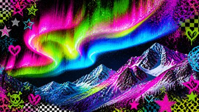 a flowing aurora over snowy peaks, wide sweeping composition, no people, no text