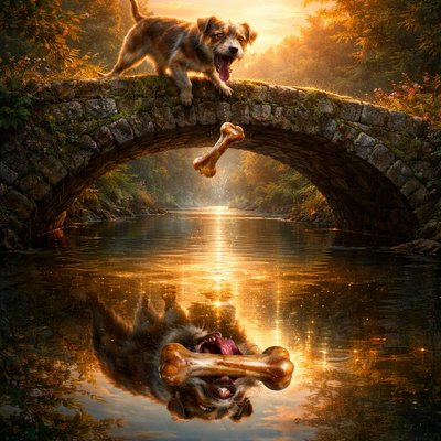 Luminous Storybook Illustration Style, Rich Color Saturation, Magical Realism. A dramatic, painterly scene capturing the precise moment of tragic error on an old, mossy stone bridge spanning a calm river at sunset.

The Reality (The Dog on the Bridge): A scruffy, hungry-looking terrier stands frozen mid-snarl on the edge of the bridge, looking downward. Its mouth is wide open in an aggressive bark. Suspended in mid-air, just inches below its open jaws, a real, decent-sized meaty bone is falling toward the water. The dog’s expression is a mix of greed and sudden confusion.

The Illusion (The Reflection): The surface of the river below is glassy and still, acting like a perfect, deceptive mirror. The reflection shows the same dog, but the reflected bone in its mouth appears impossibly huge, glistening, and juicier than the real one. The reflection is almost hypnotically bright, brighter than the reality above the water. The warm golden light of the setting sun makes the water shimmer invitingly.