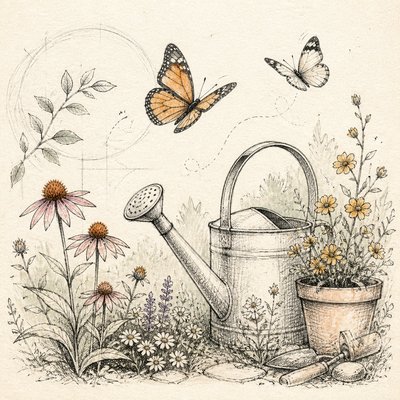 a garden scene with butterflies, flowers and a watering can, clean uncolored line art, no text