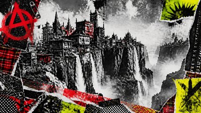 a cliffside city with waterfalls cascading into a misty canyon, wide establishing shot, no people, no text