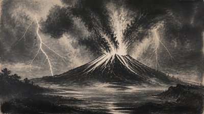 an erupting volcano with lightning strikes, dramatic wide composition, no text