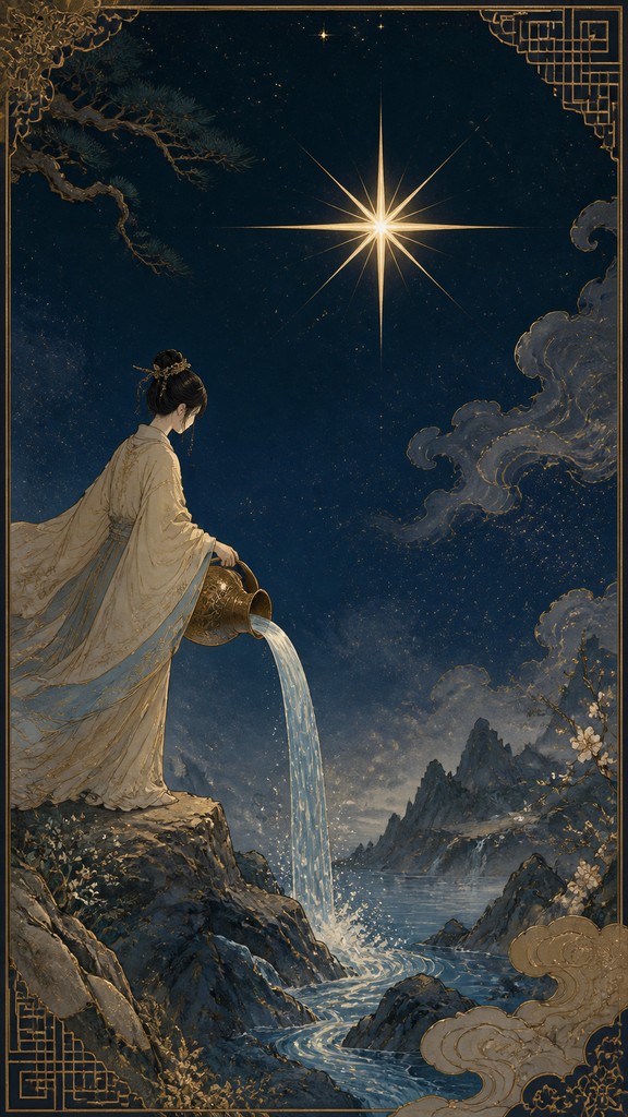 a robed figure pouring water beneath a large eight-pointed star in a night sky, symmetrical composition with an ornate decorative border, no text