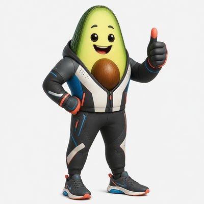 a happy avocado character giving a thumbs up, bold readable design on a plain background, no text