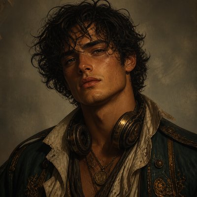 head-and-shoulders portrait of an original character: a young man with curly dark hair and headphones around his neck, plain backdrop, no text