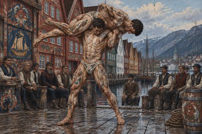 a painting of a man standing in front of a group of people