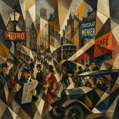 urban street with city activity — Cubist Modern Art Style