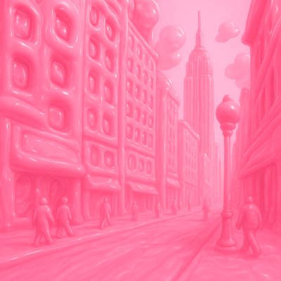 a painting of a city street with buildings and people