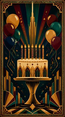 a birthday cake with lit candles surrounded by balloons and confetti, festive vertical composition, no text