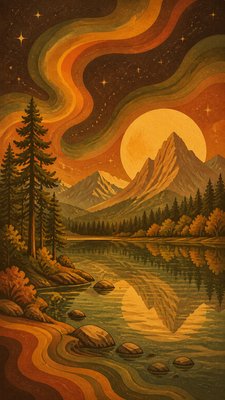 a tranquil mountain lake beneath a starry night sky, no people, no text