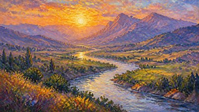 a vast valley with a river winding toward distant mountains at sunrise, no people, no text