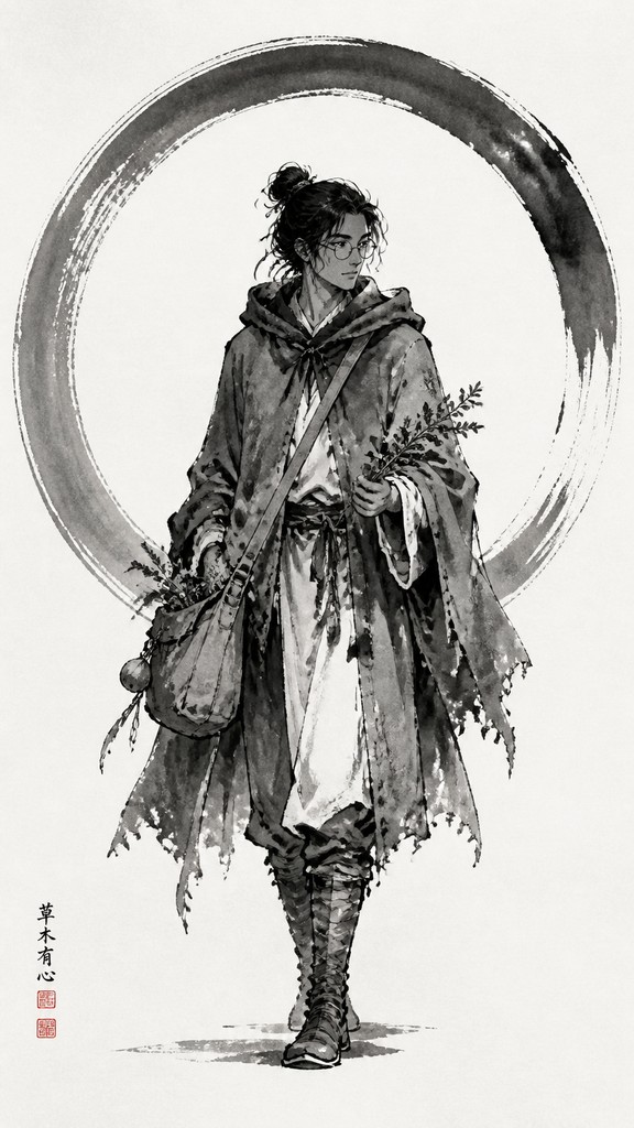 full-body original character: a wandering botanist with a satchel of plants, a patched green cloak, tall boots and round glasses, neutral background