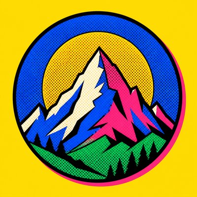 an emblem of a mountain peak inside a circle, simple bold shapes on a plain background, no text or lettering