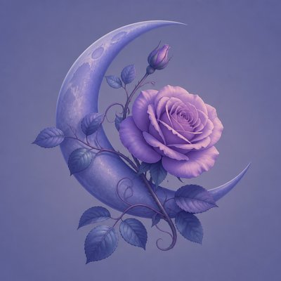 a rose entwined with a crescent moon, clean balanced composition on a plain background, no text