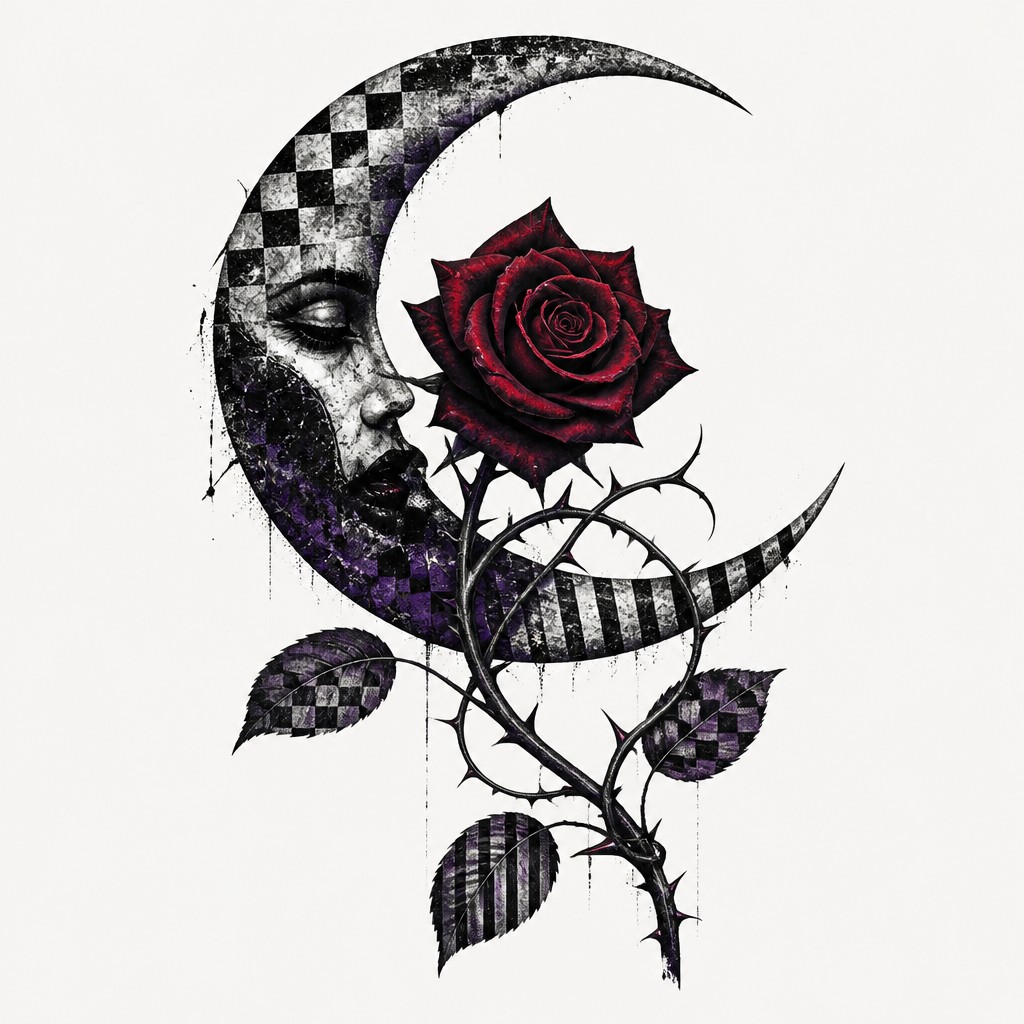 a rose entwined with a crescent moon, clean balanced composition on a plain background, no text