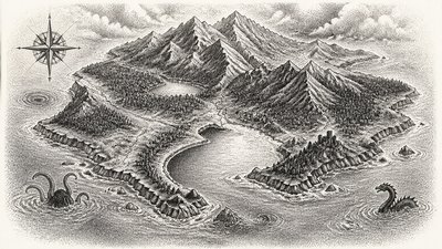 a map of an island realm with mountains, forests, a sheltered bay, sea monsters in the water and a compass rose, no text labels