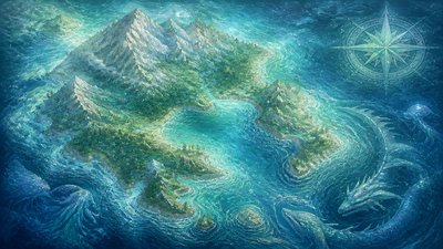a map of an island realm with mountains, forests, a sheltered bay, sea monsters in the water and a compass rose, no text labels