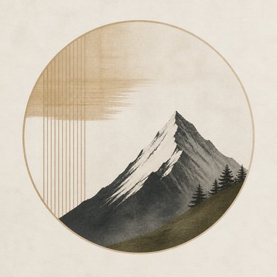 an emblem of a mountain peak inside a circle, simple bold shapes on a plain background, no text or lettering