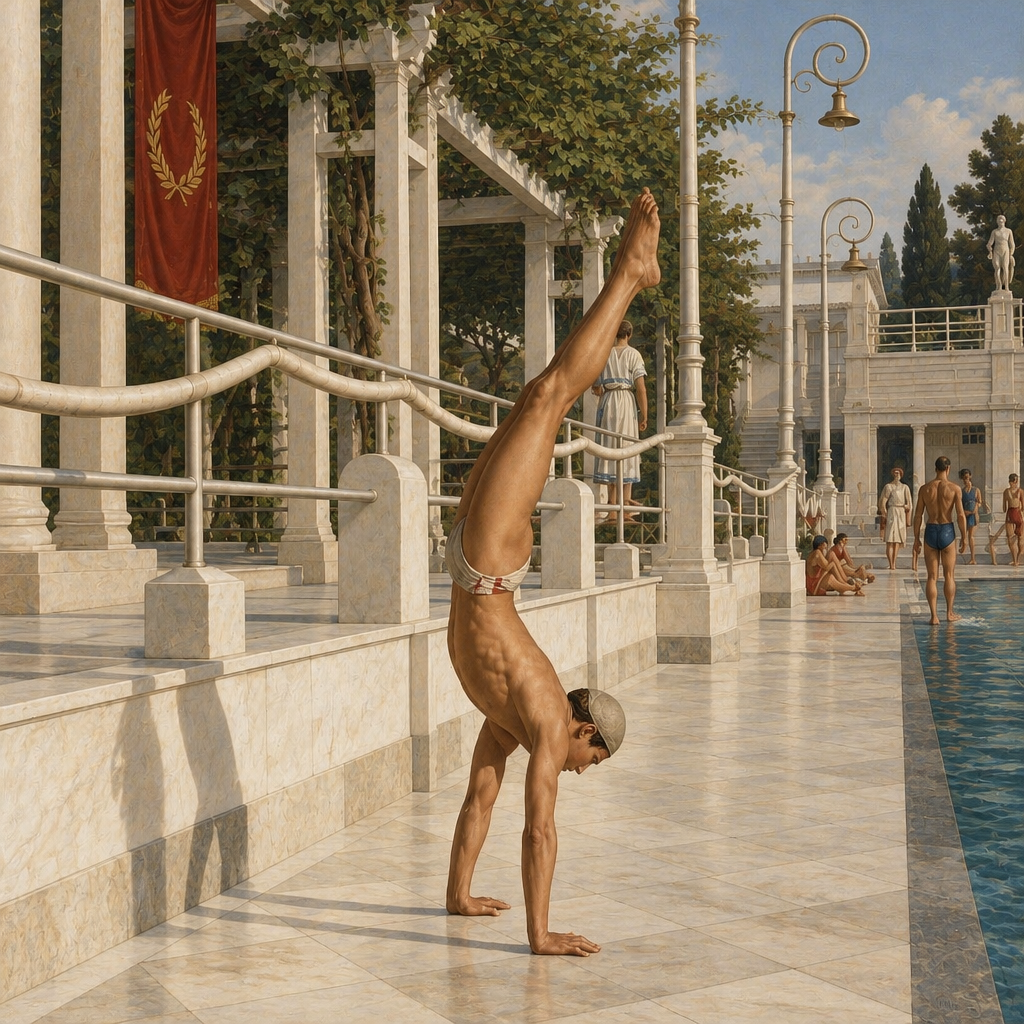 a painting of a man doing a handstand in front of a swimming pool